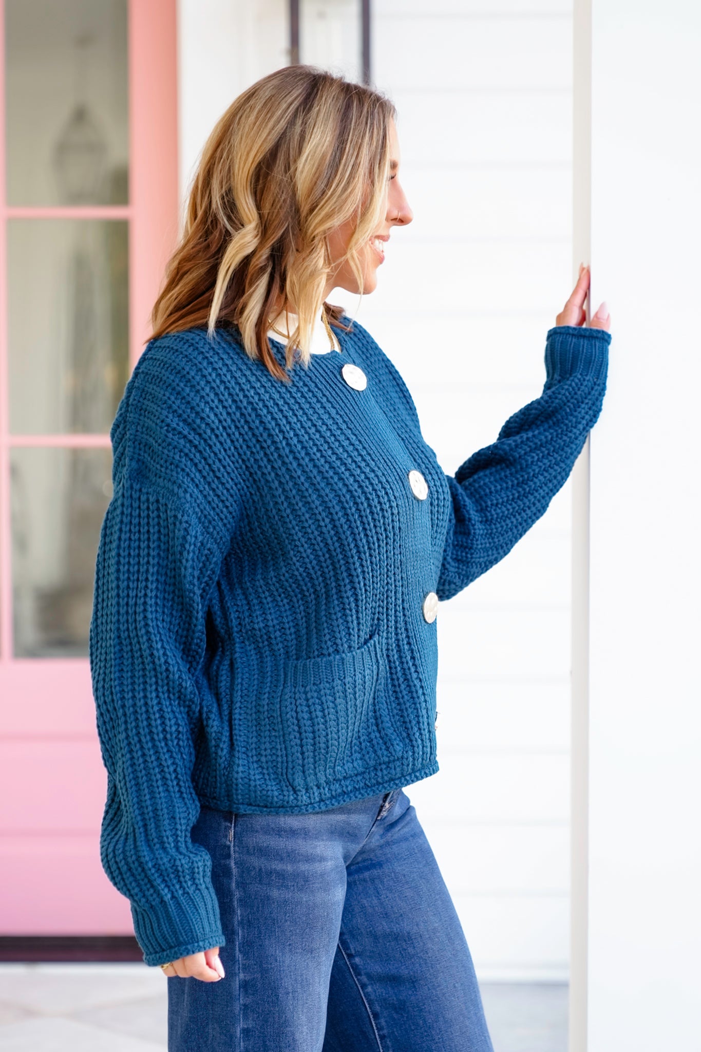 Knit Long Sleeve Big Metal Button Down Cardigan