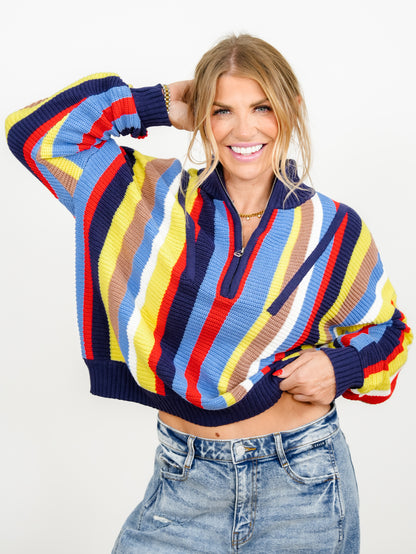 Multi Color Vertical Stripe Long Sleeve 1/4 Zip Up Sweater