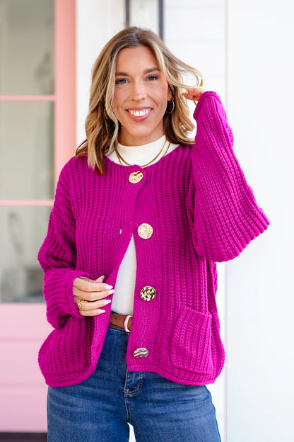 Knit Long Sleeve Big Metal Button Down Cardigan