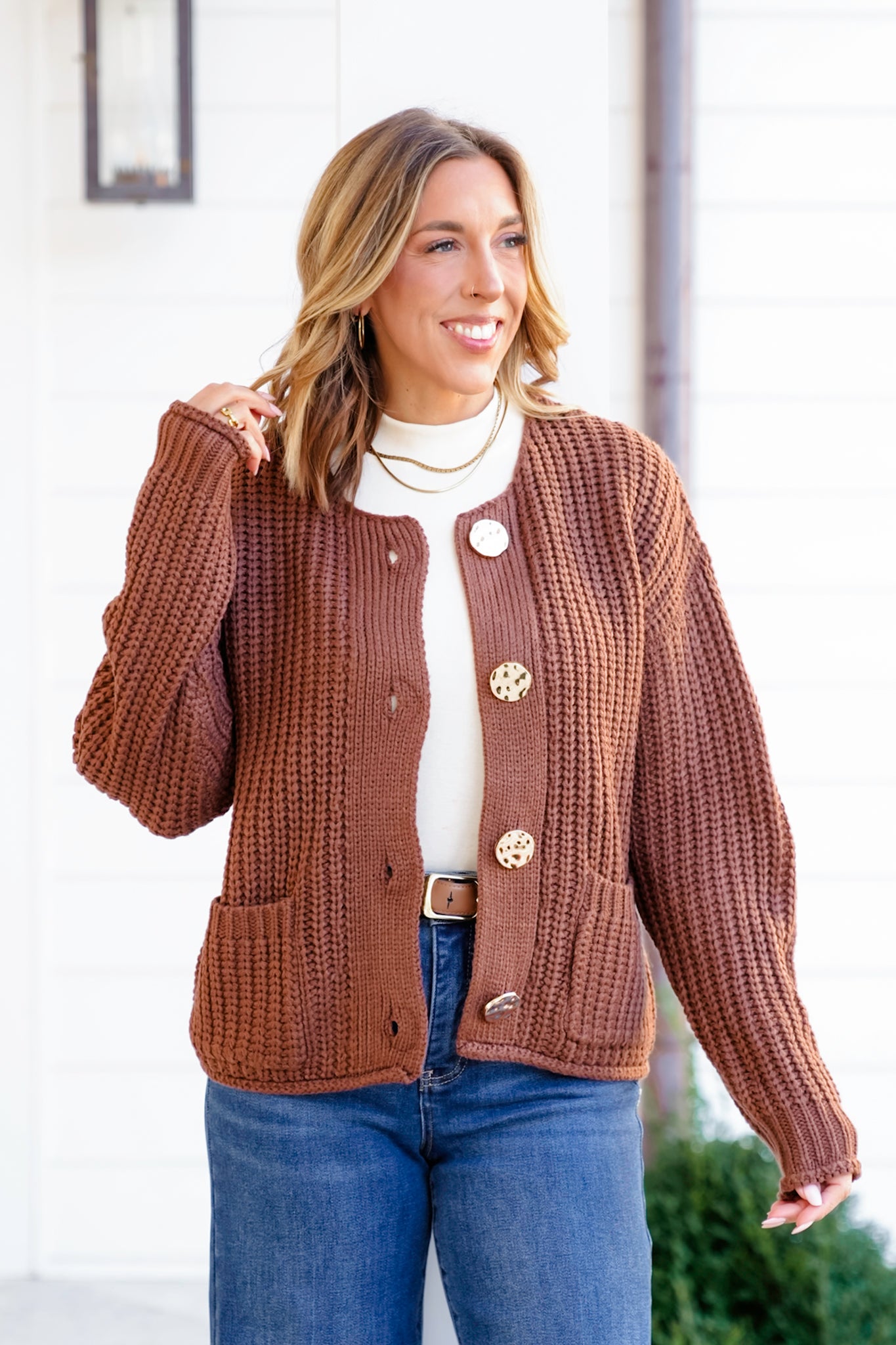 Knit Long Sleeve Big Metal Button Down Cardigan