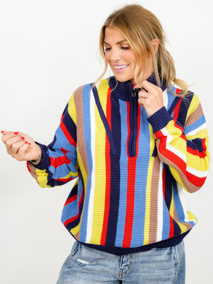 Multi Color Vertical Stripe Long Sleeve 1/4 Zip Up Sweater