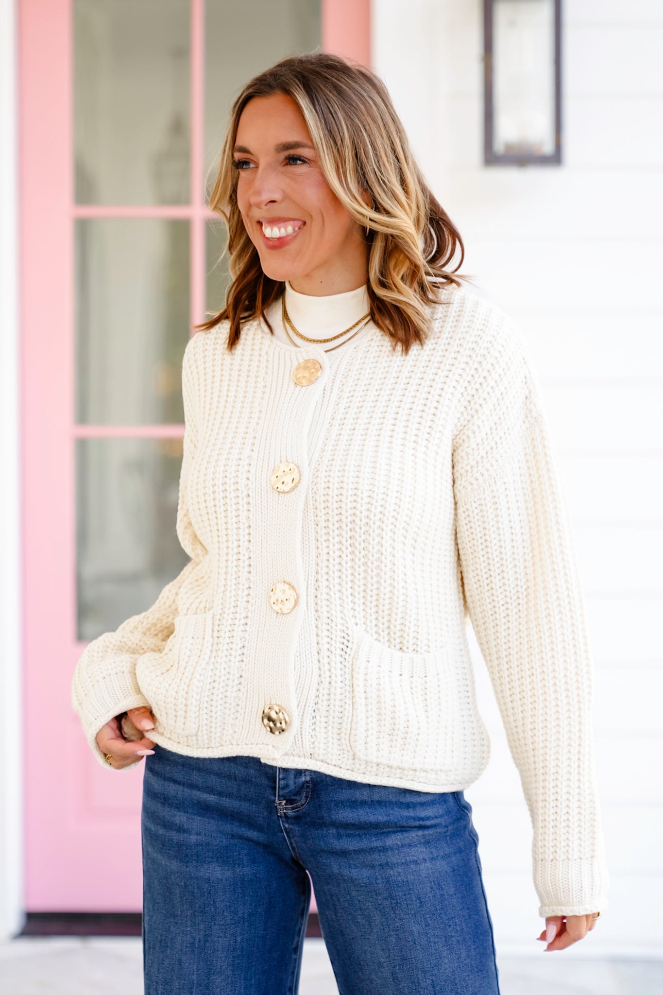 Knit Long Sleeve Big Metal Button Down Cardigan