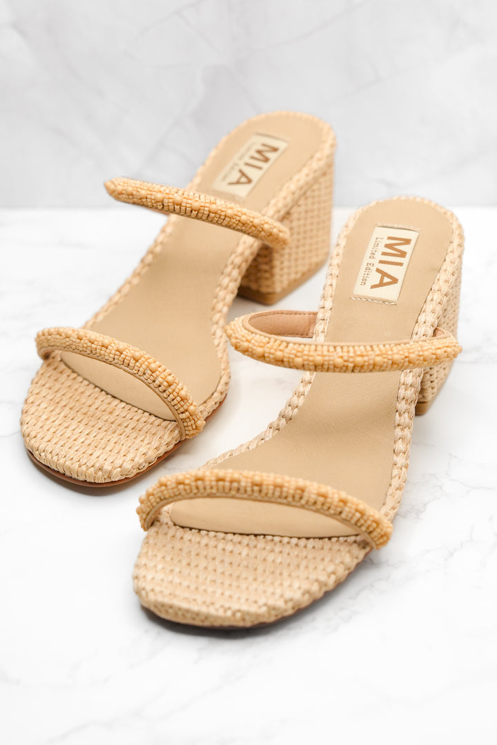MIA Beaded Strap Raffia Woven Block Heel Sandal