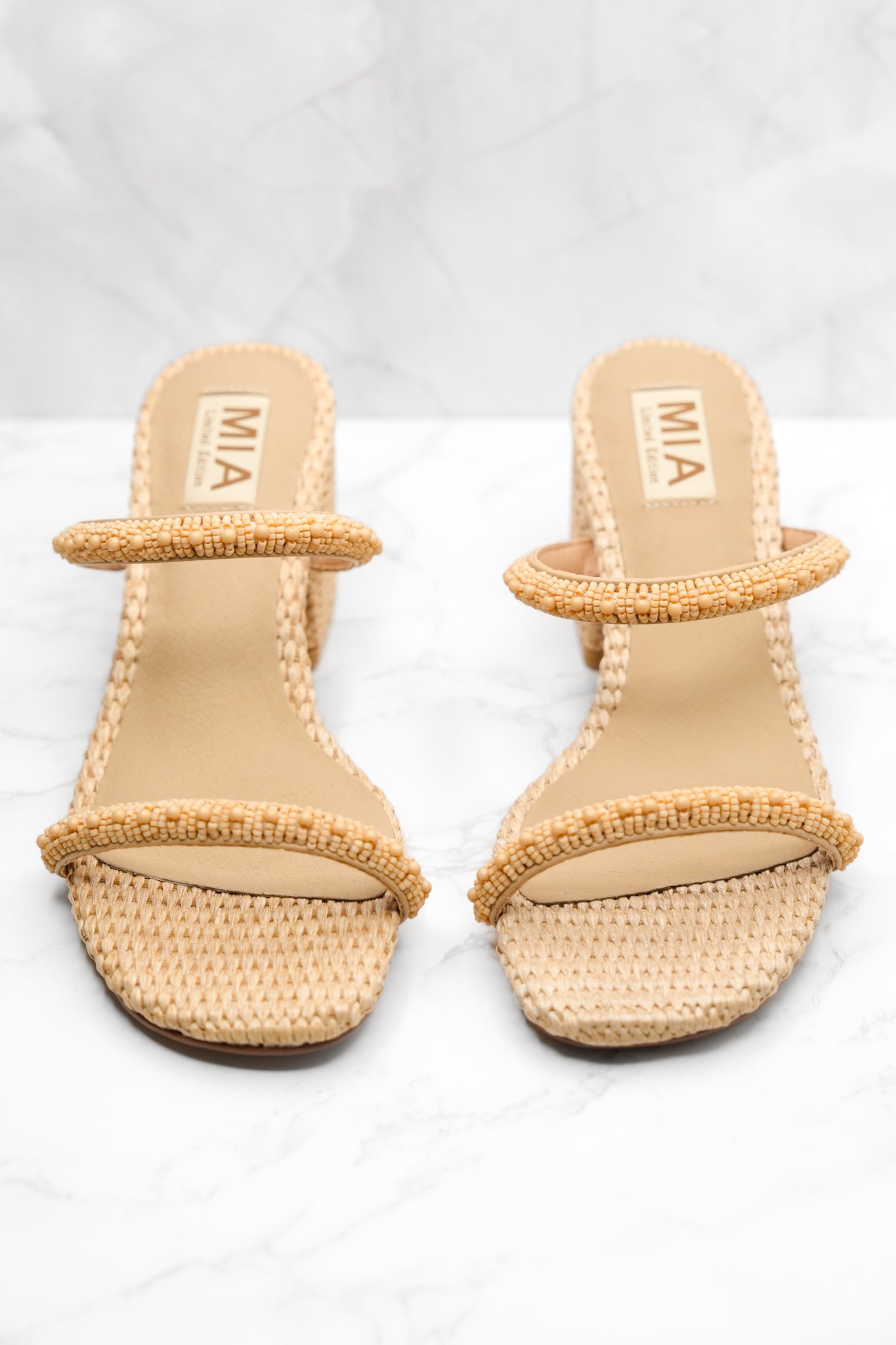 MIA Beaded Strap Raffia Woven Block Heel Sandal