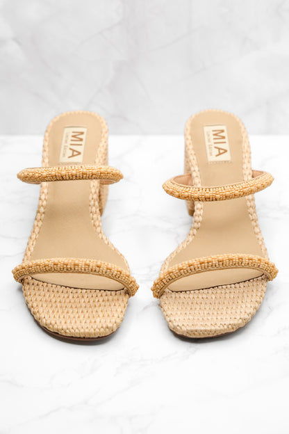 MIA Beaded Strap Raffia Woven Block Heel Sandal