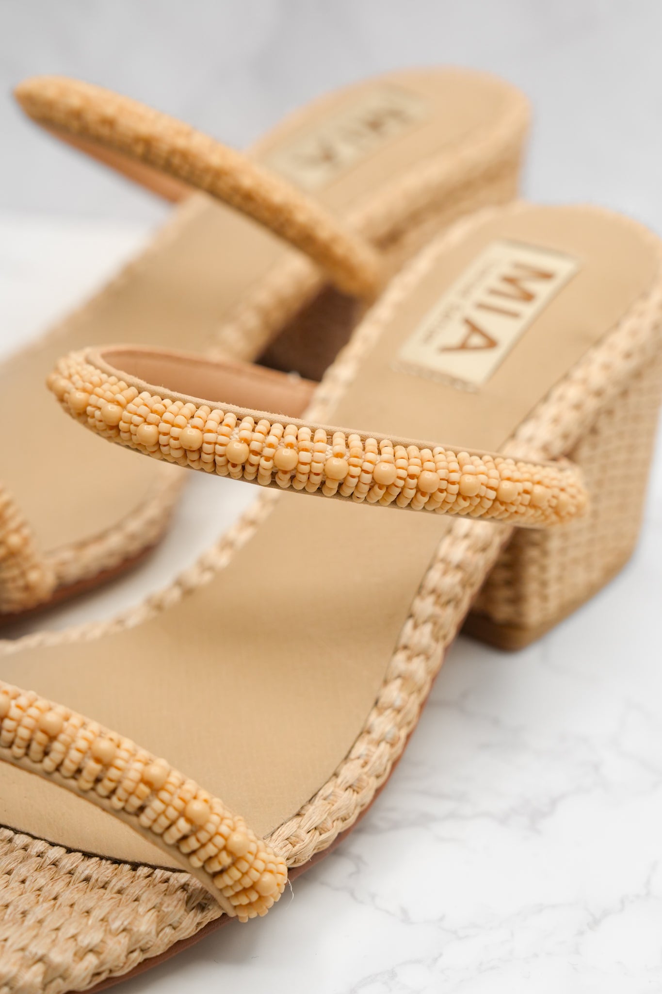 MIA Beaded Strap Raffia Woven Block Heel Sandal