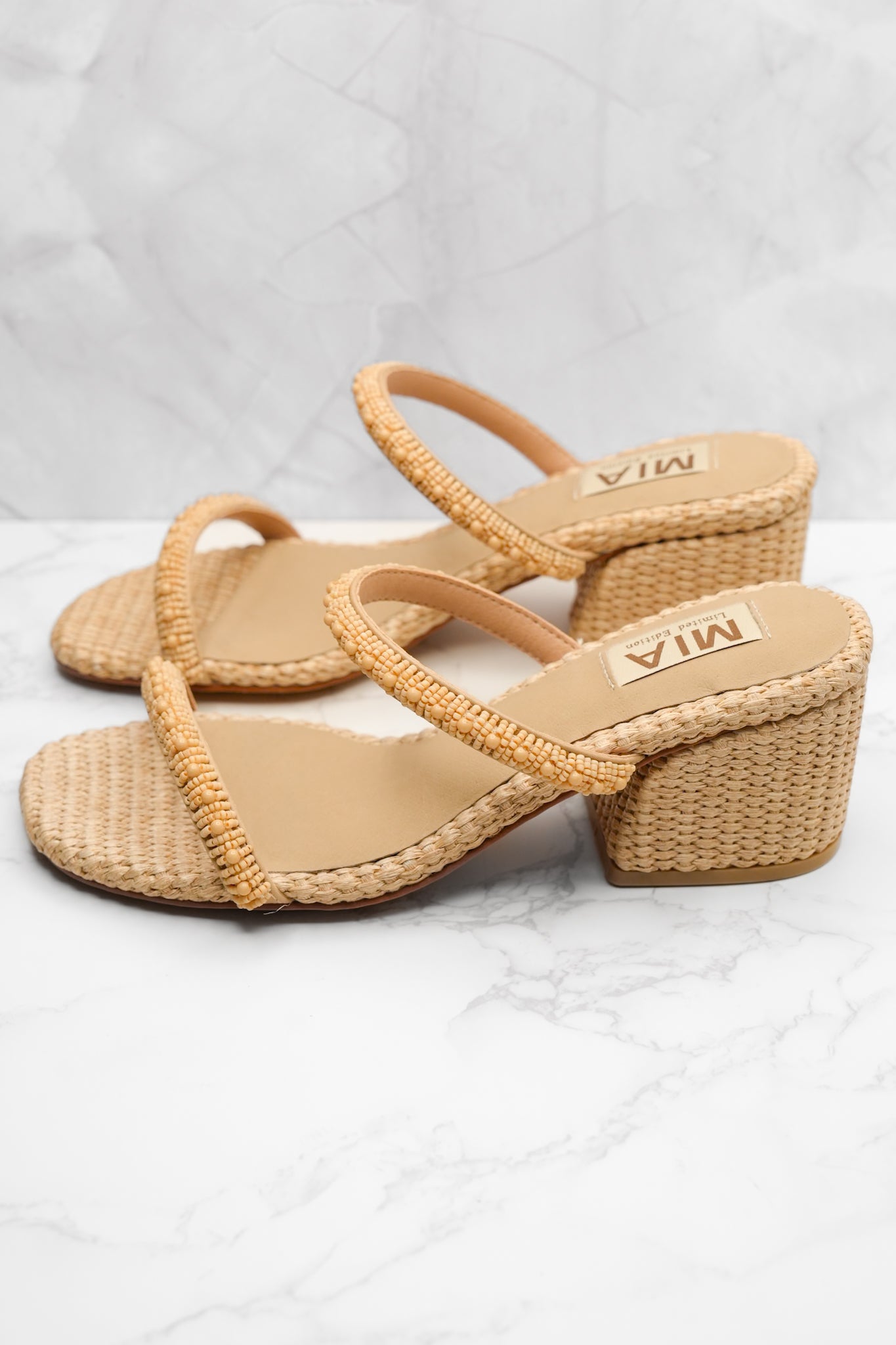 MIA Beaded Strap Raffia Woven Block Heel Sandal