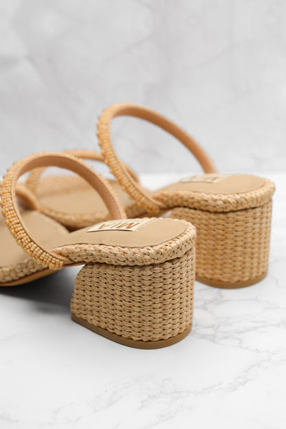 MIA Beaded Strap Raffia Woven Block Heel Sandal