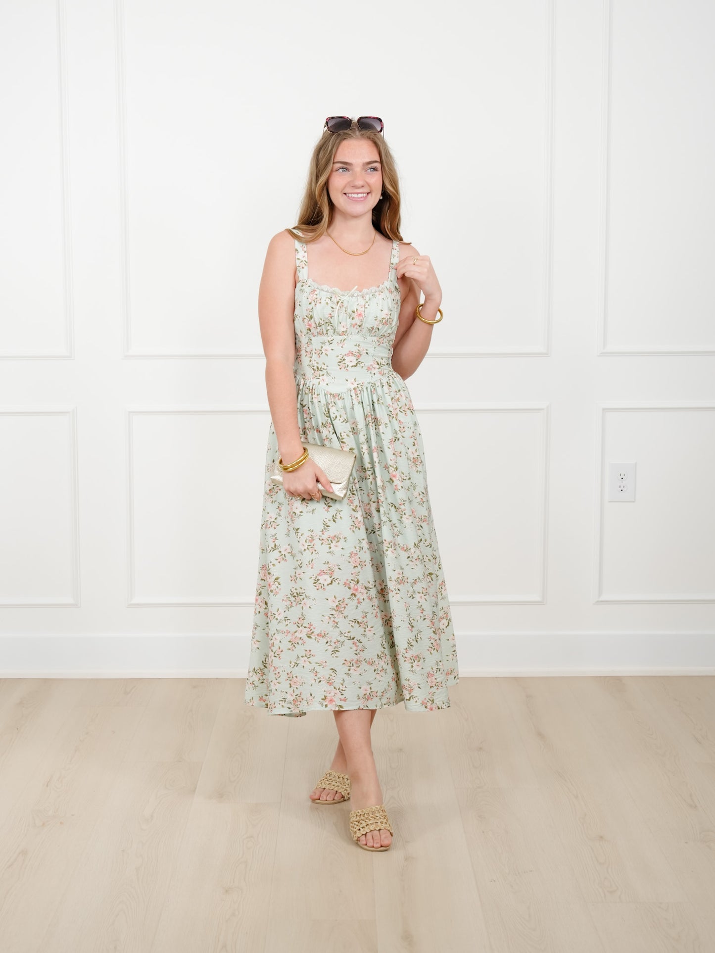 Mint Floral Sleeveless Midi Dress with Lace Trim