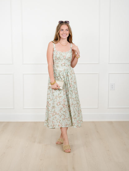 Mint Floral Sleeveless Midi Dress with Lace Trim