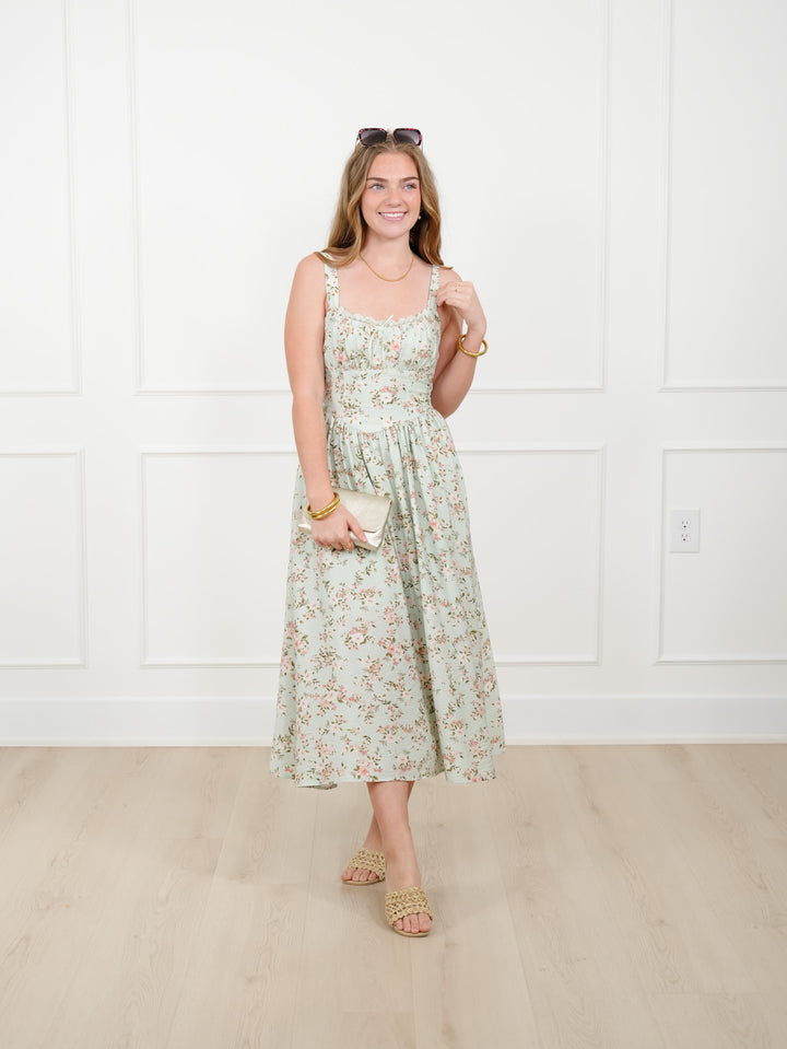 Mint Floral Sleeveless Midi Dress with Lace Trim