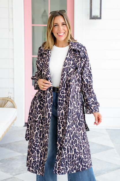 Leopard Print Double Breasted Trench Coat