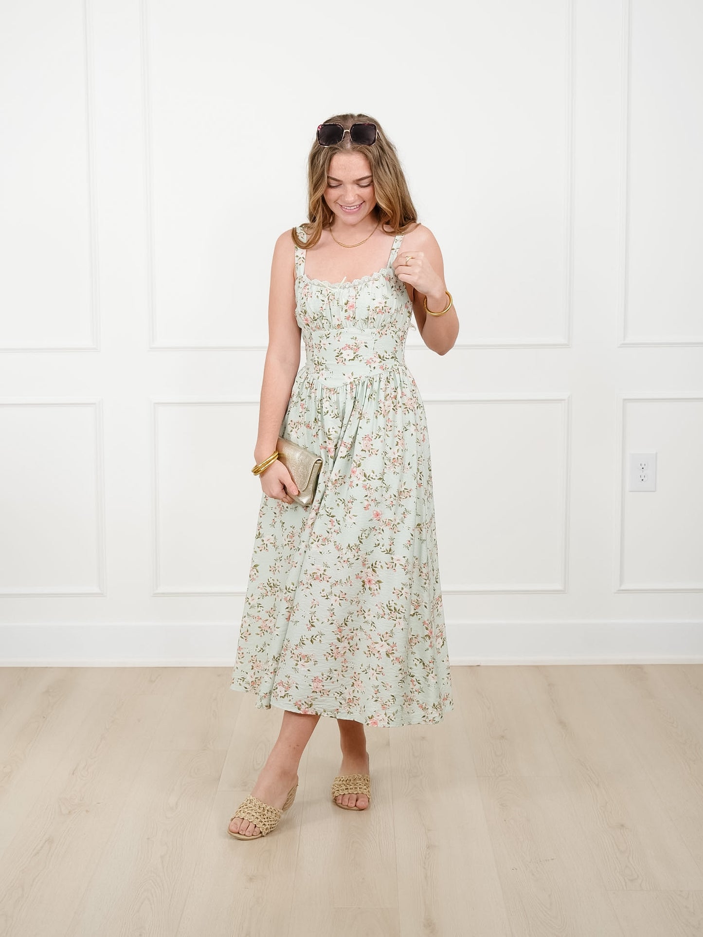 Mint Floral Sleeveless Midi Dress with Lace Trim