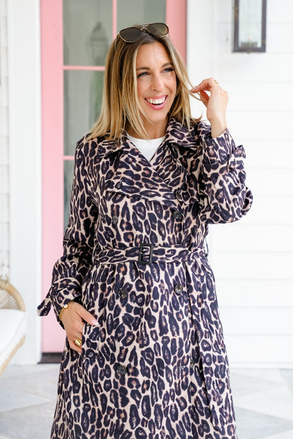 Leopard Print Double Breasted Trench Coat