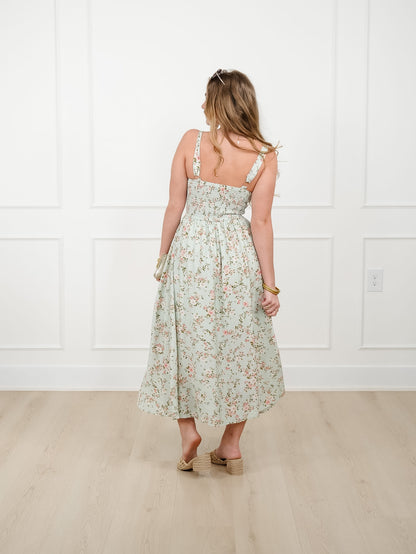 Mint Floral Sleeveless Midi Dress with Lace Trim