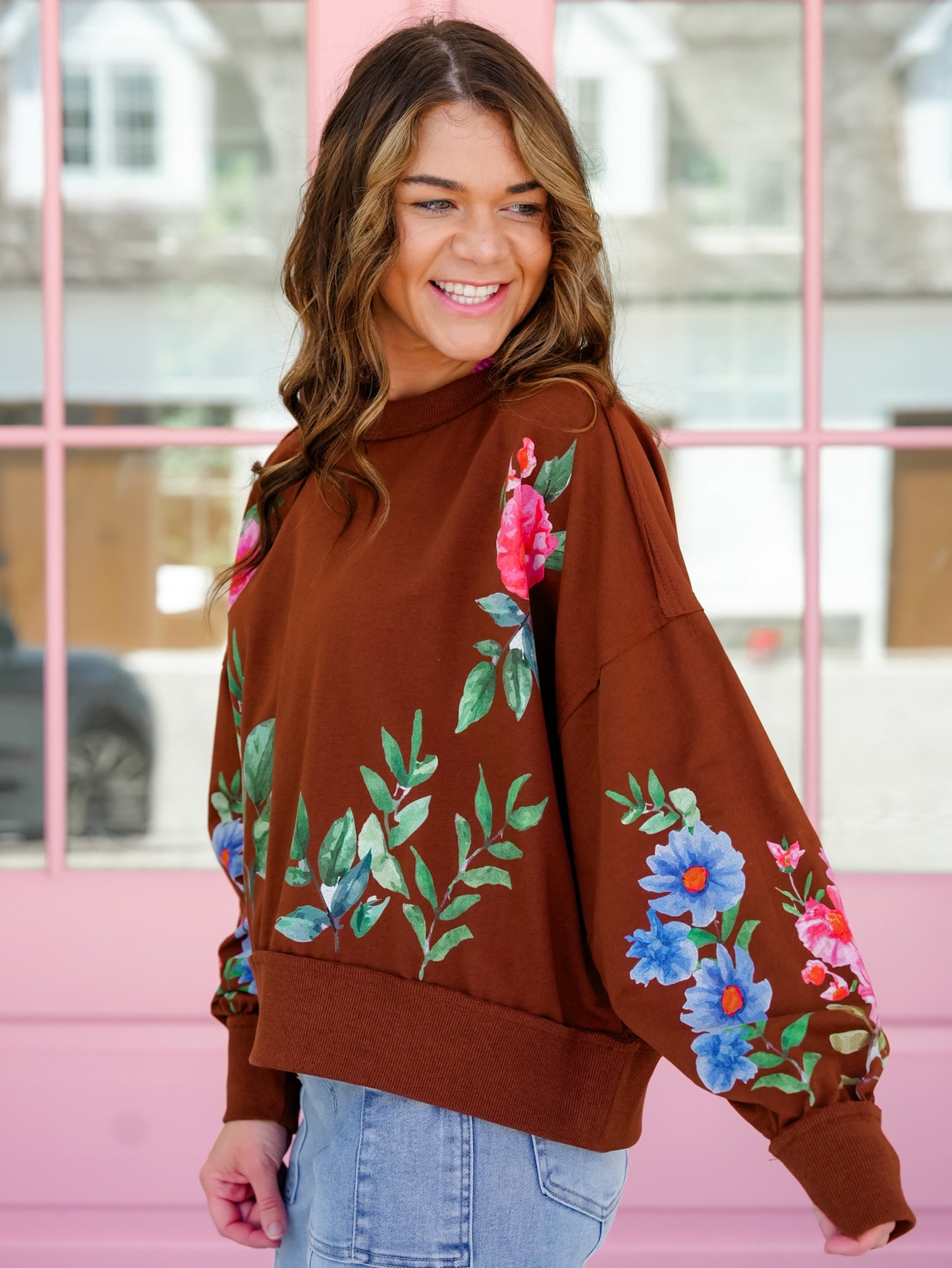 Plus/Reg Floral Print Long Sleeve Pullover Top - Freckled Poppy