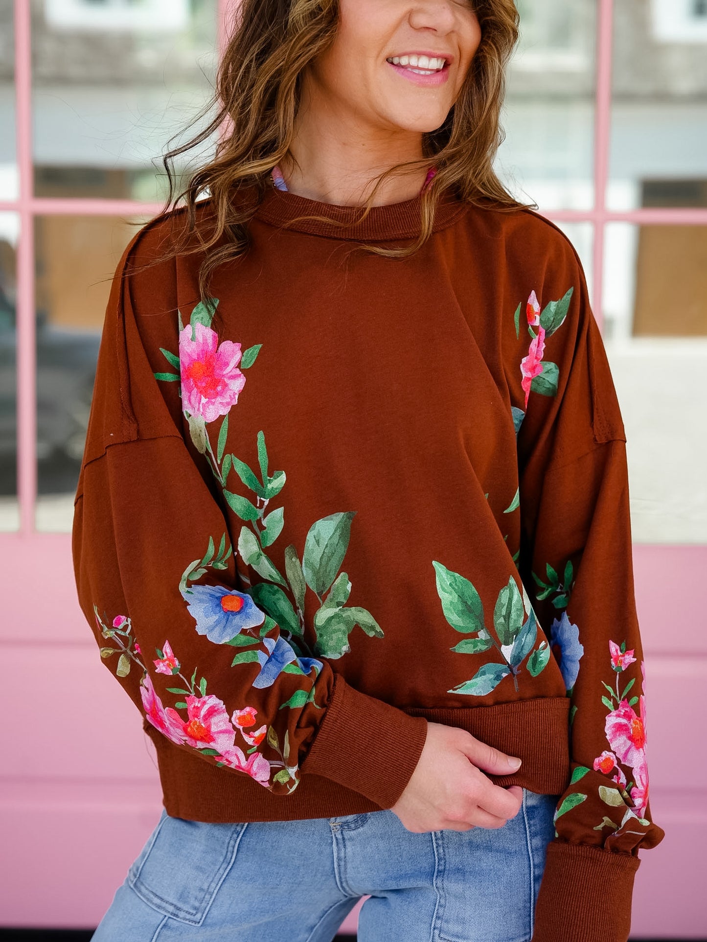 Plus/Reg Floral Print Long Sleeve Pullover Top - Freckled Poppy