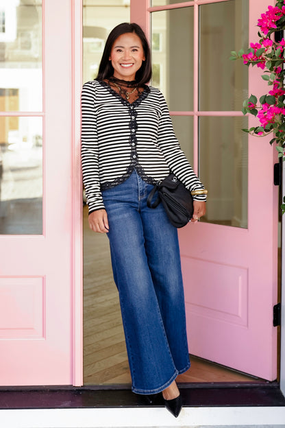 Knit Stripe Long Sleeve Cardigan with Lace Trim