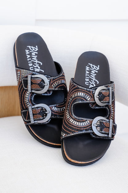 Blowfish Embellished Cork Slide Sandals with Adjustable Buckle Detail