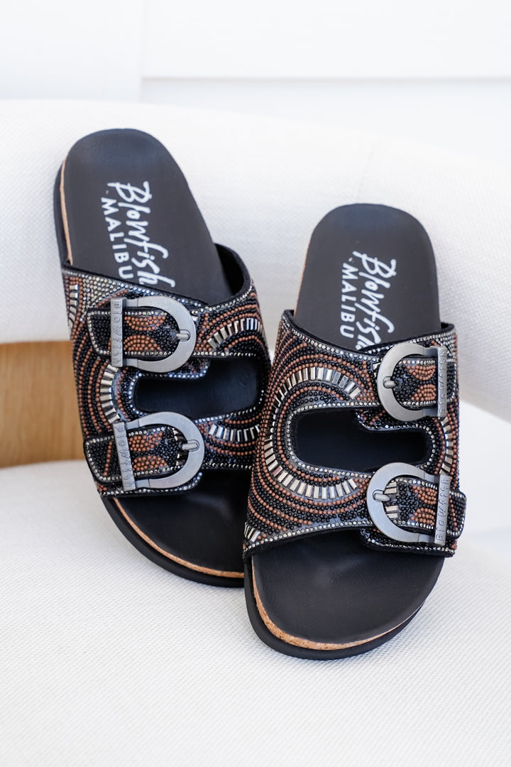 Blowfish Embellished Cork Slide Sandals with Adjustable Buckle Detail