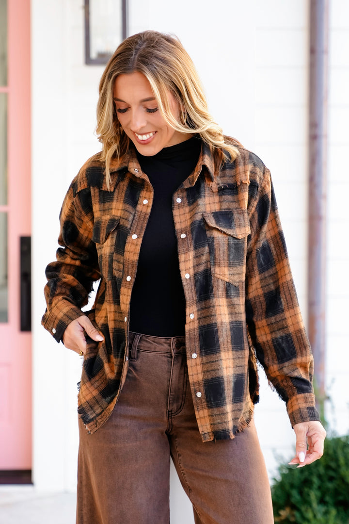Plaid Long Sleeve Button Down Top with Distressed Hem
