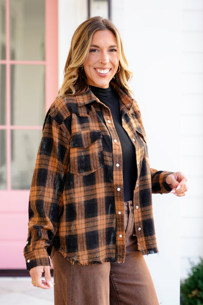 Plaid Long Sleeve Button Down Top with Distressed Hem