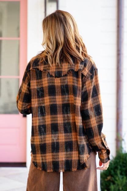 Plaid Long Sleeve Button Down Top with Distressed Hem