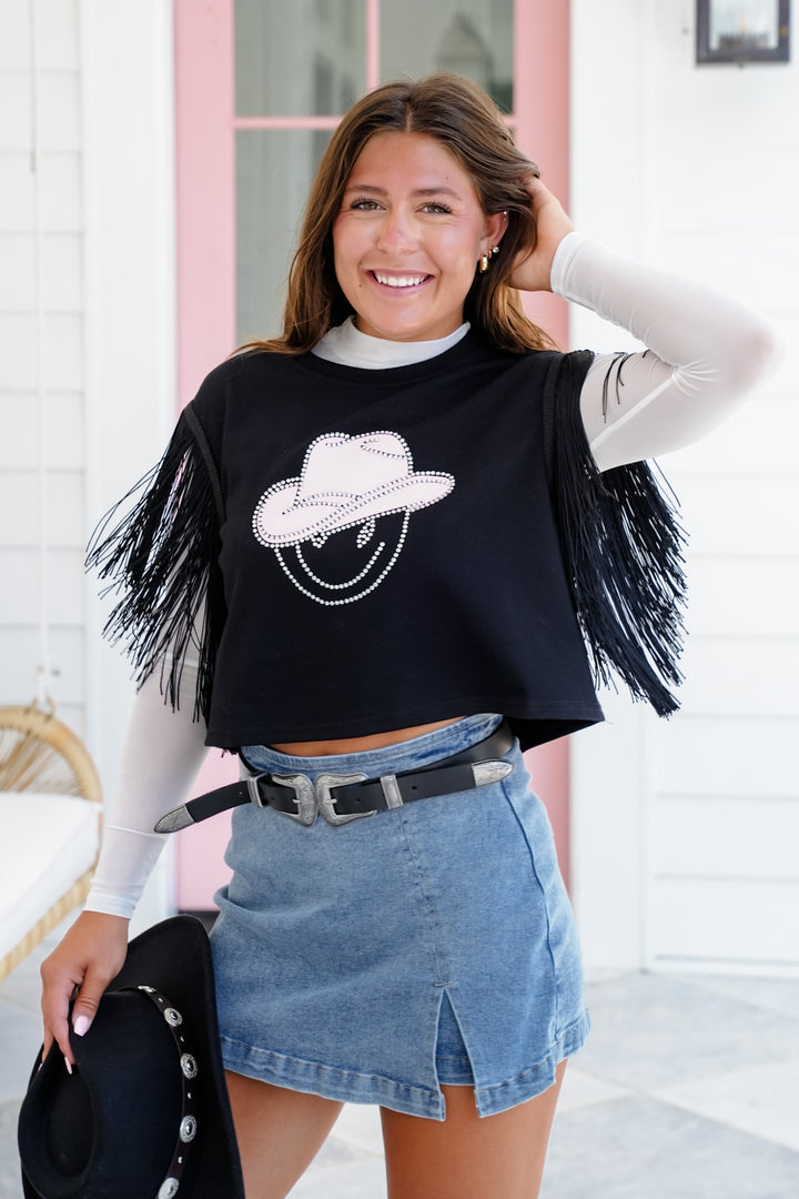 Fringe Sleeve Crop Top with Cowgirl Smiley Face Detail