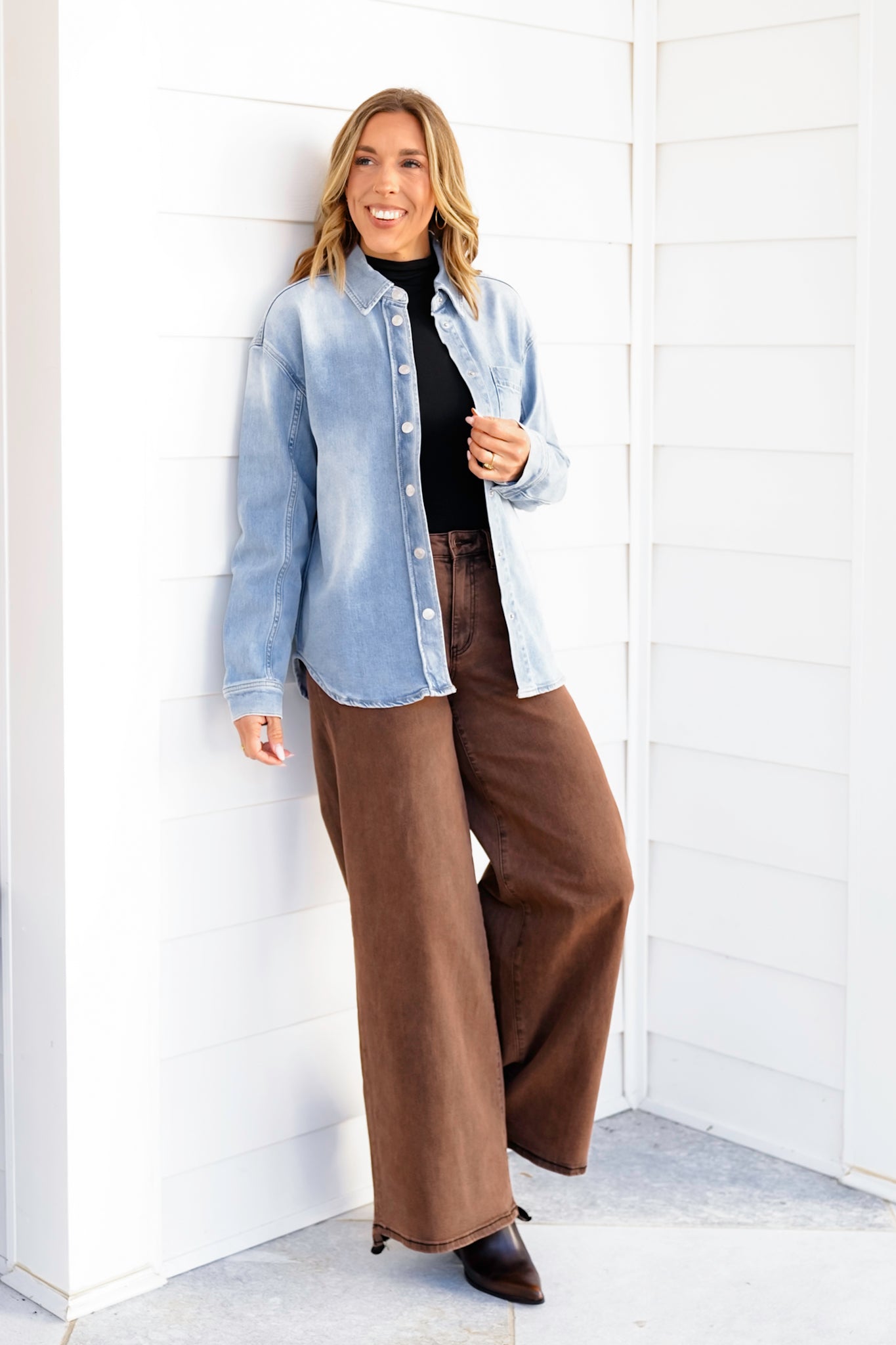 Light Wash Long Sleeve Snap Button Down Shirt