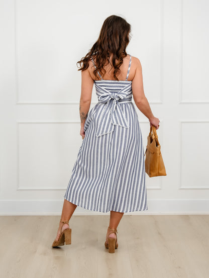 Plus/Reg Striped Sleeveless Maxi Dress with Tie Bow