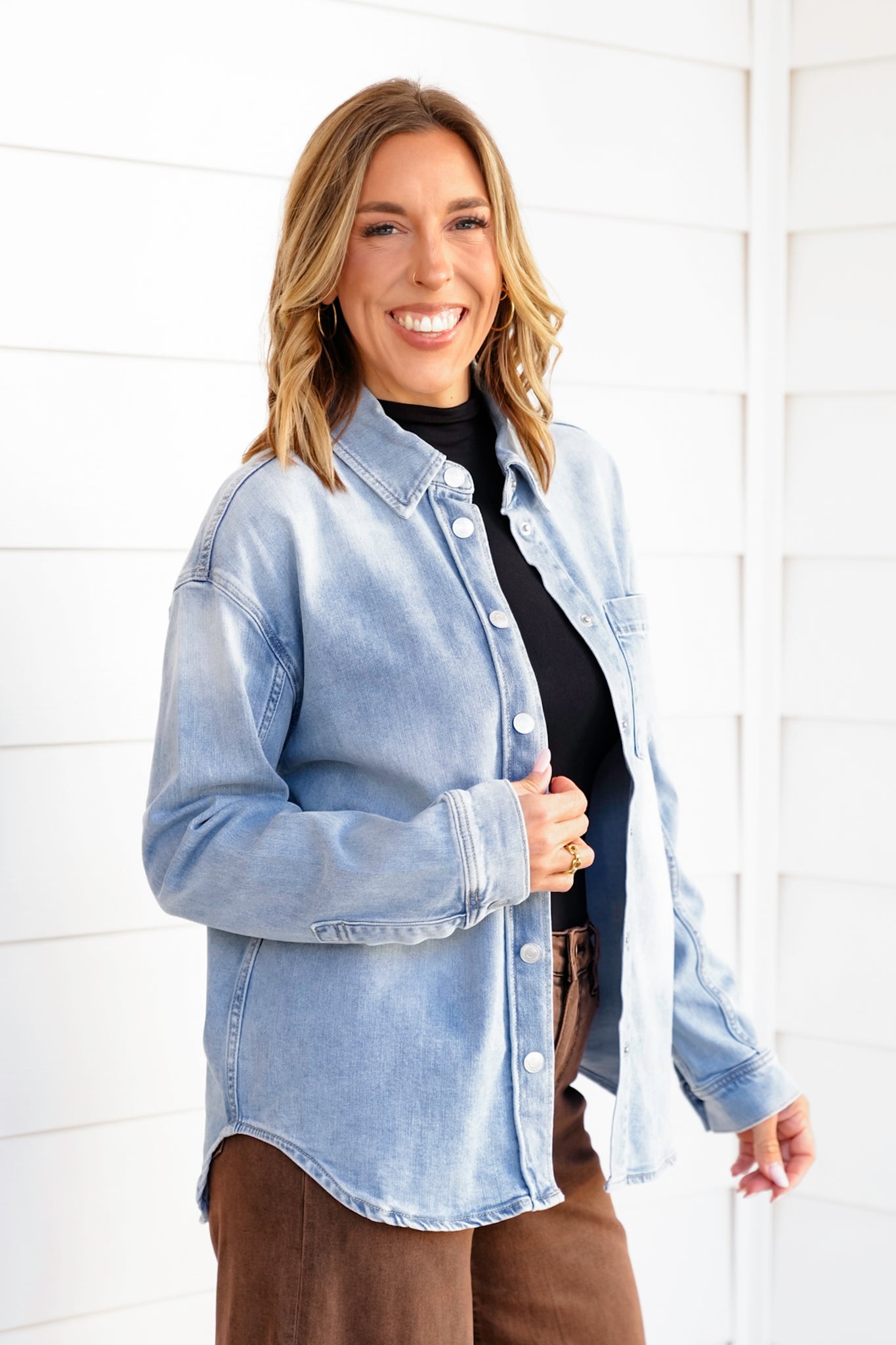 Light Wash Long Sleeve Snap Button Down Shirt