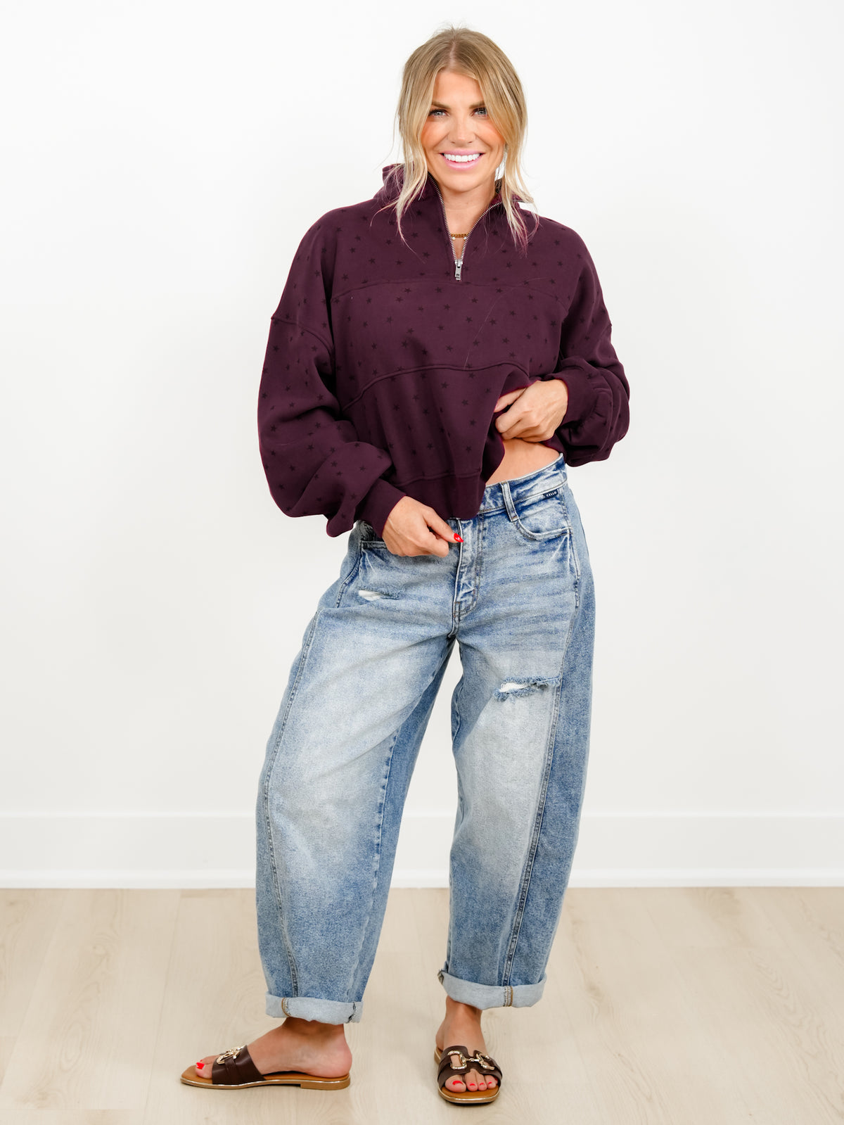 Star Print Half Zip Up Long Sleeve Sweatshirt - Freckled Poppy