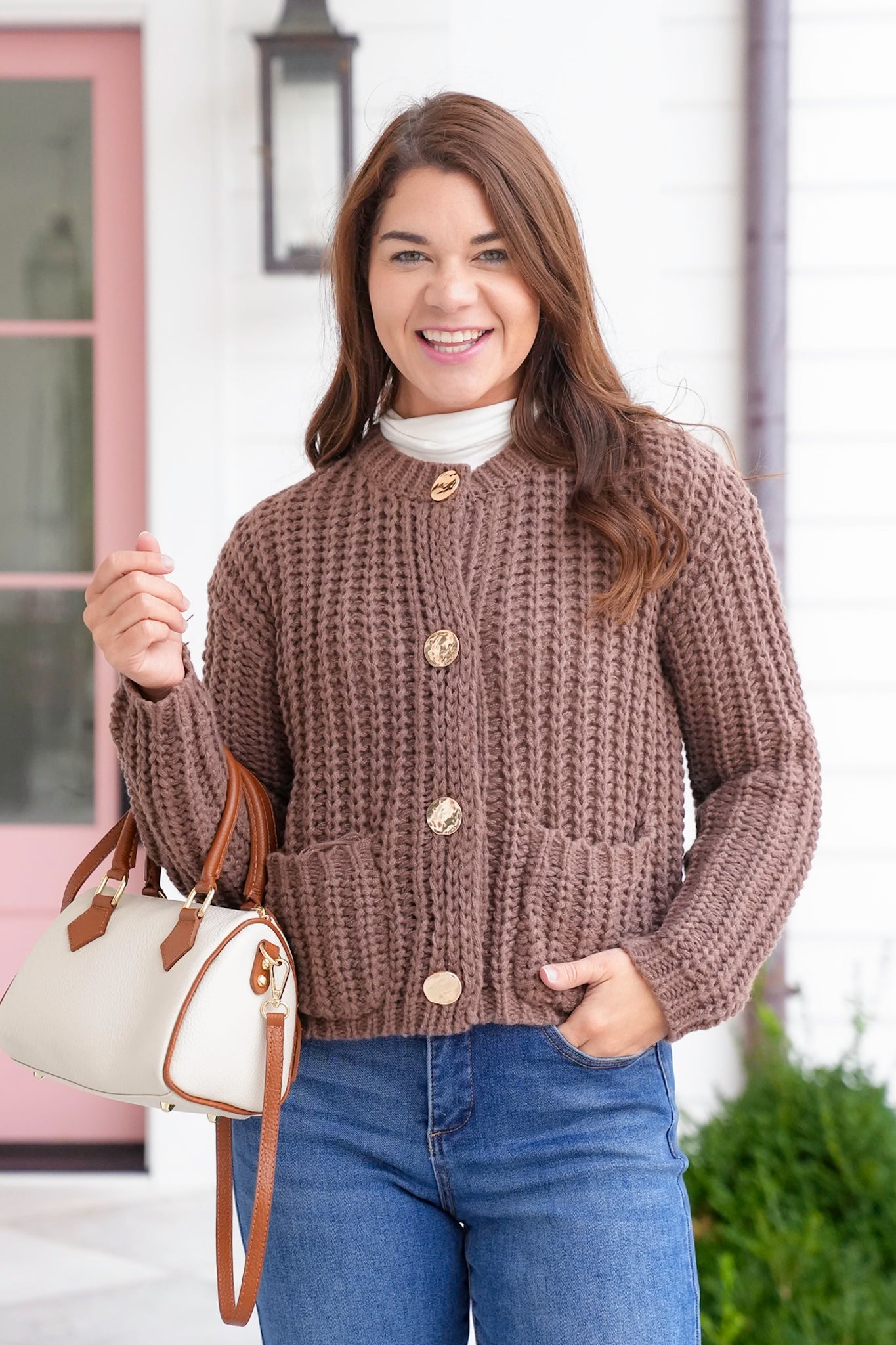 Chunky Knit Long Sleeve Cardigan with Metal Button Detail