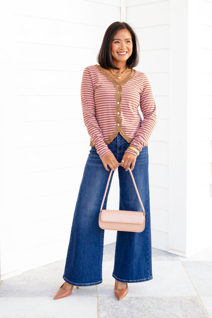 Knit Stripe Long Sleeve Cardigan with Lace Trim