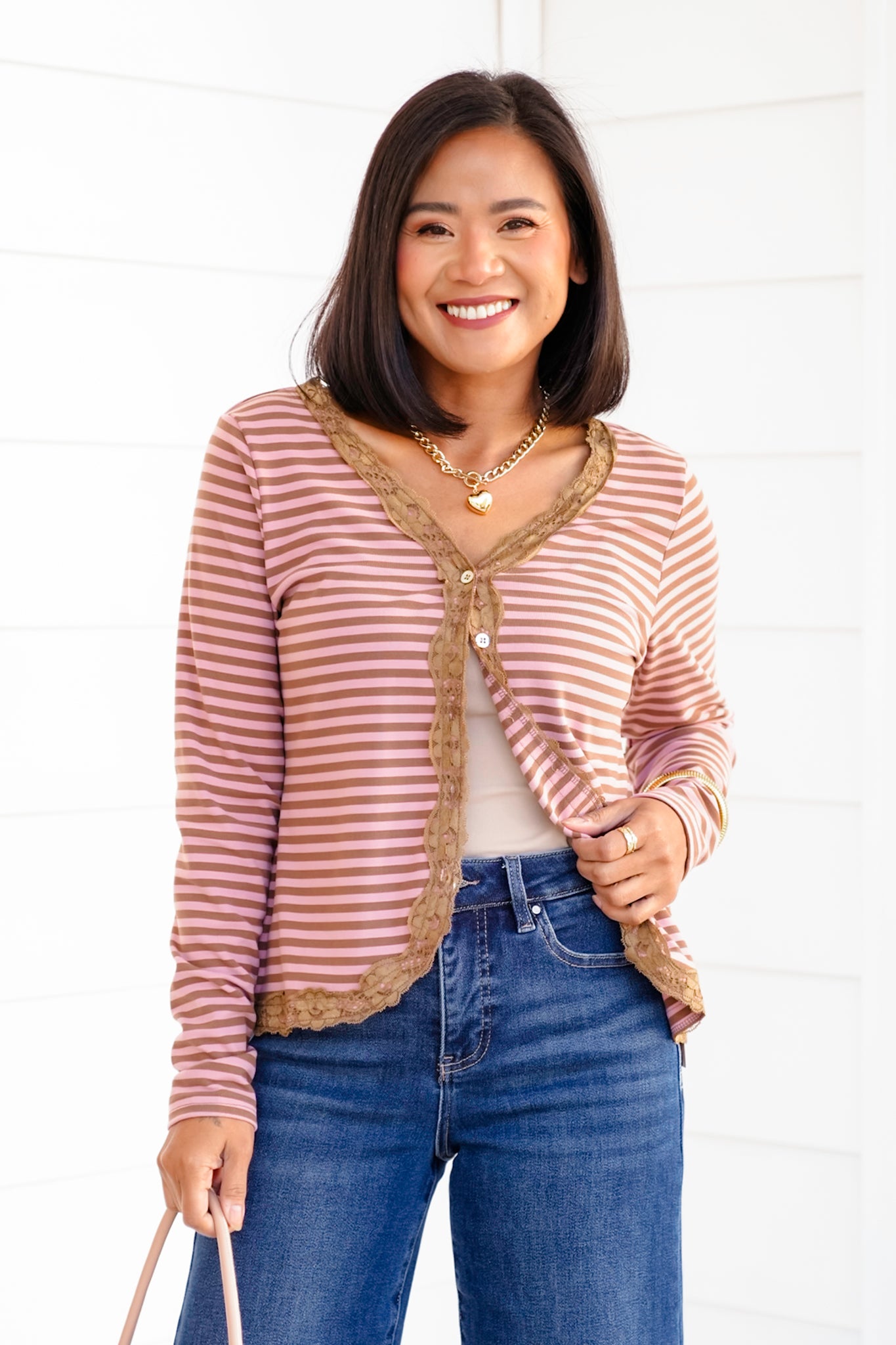 Knit Stripe Long Sleeve Cardigan with Lace Trim