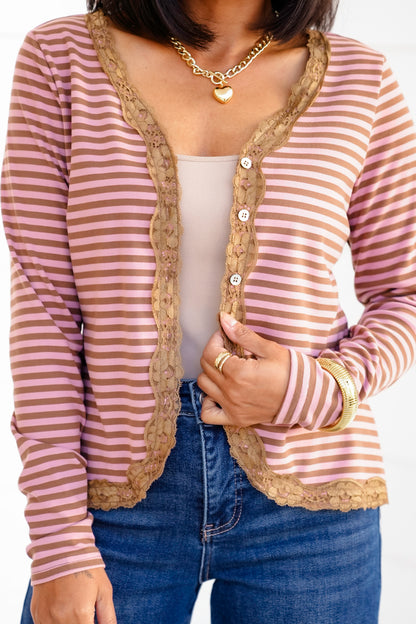 Knit Stripe Long Sleeve Cardigan with Lace Trim