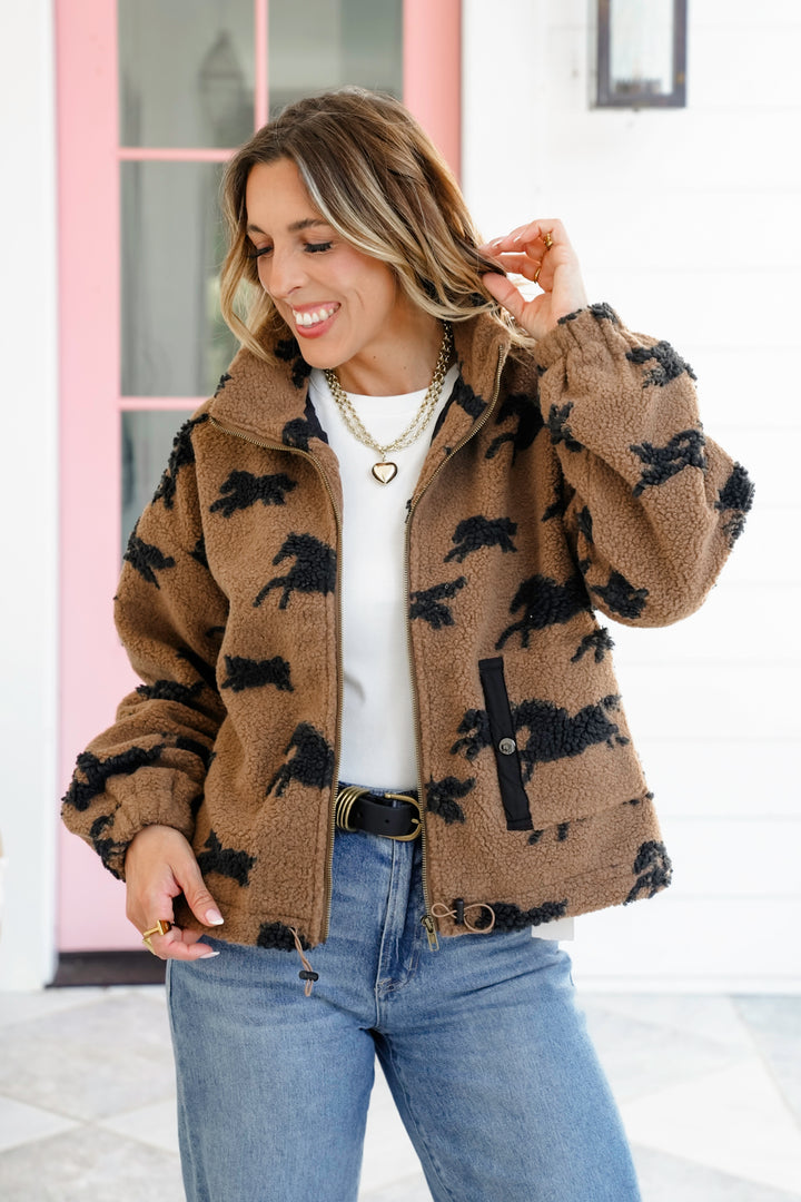 Sherpa Long Sleeve Zip-Up Jacket with Horse Motif Detail