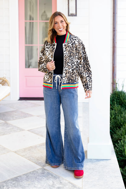 Leopard Print Long Sleeve Bomber Jacket with Rainbow Trim
