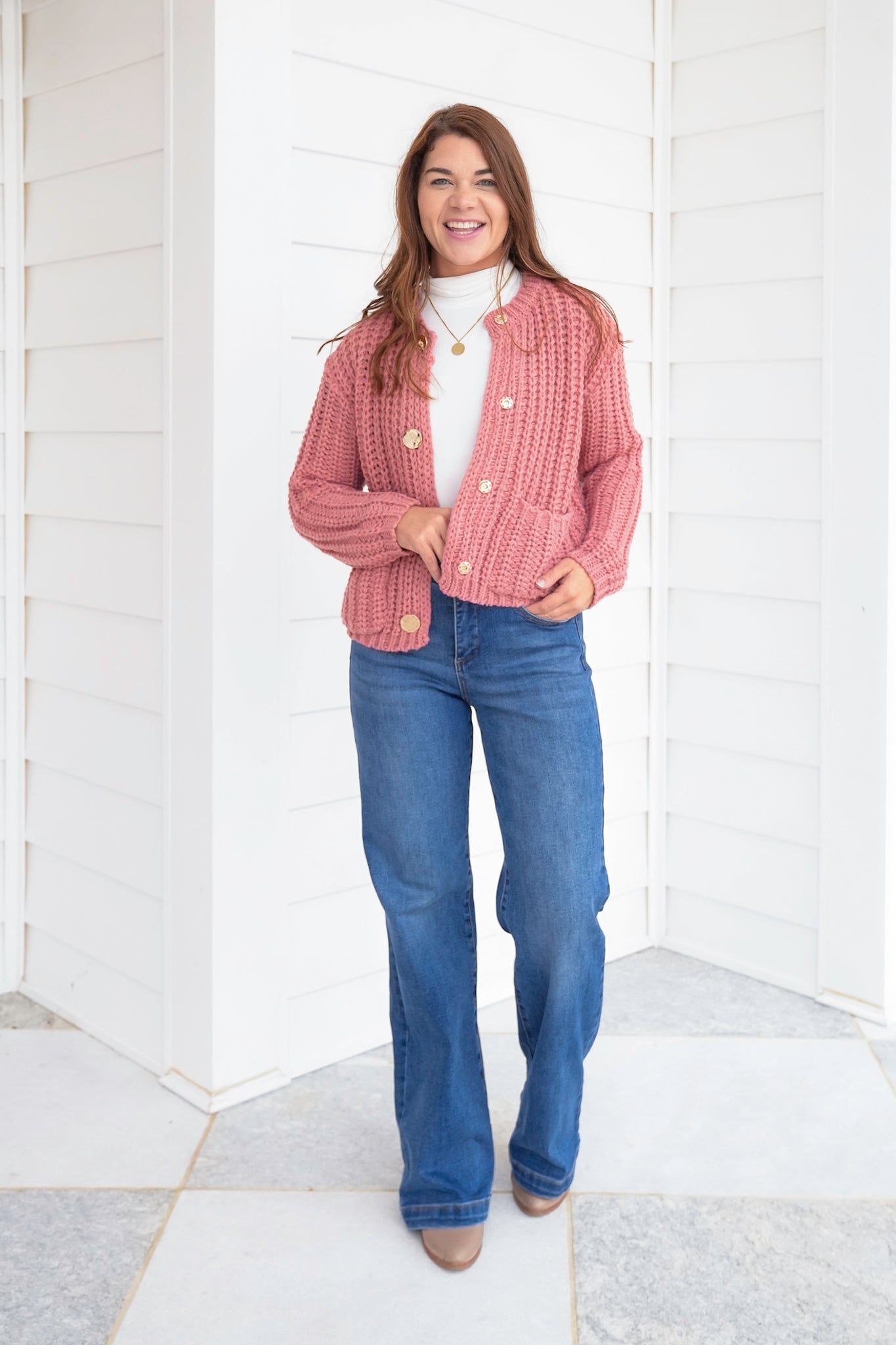 Chunky Knit Long Sleeve Cardigan with Metal Button Detail
