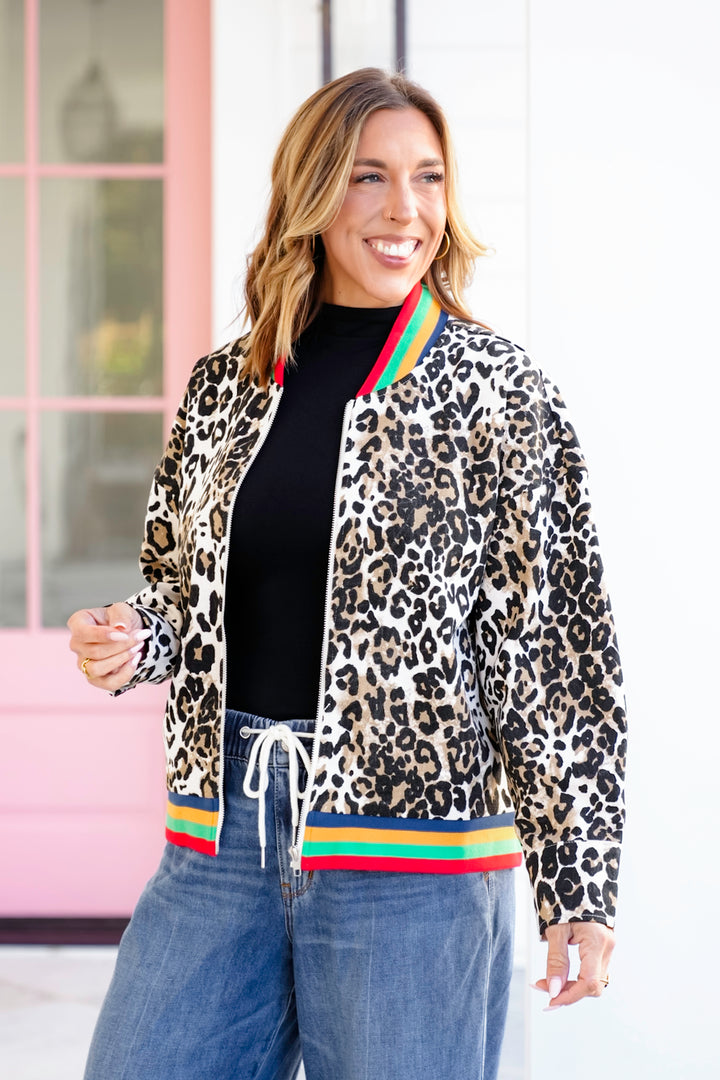 Leopard Print Long Sleeve Bomber Jacket with Rainbow Trim