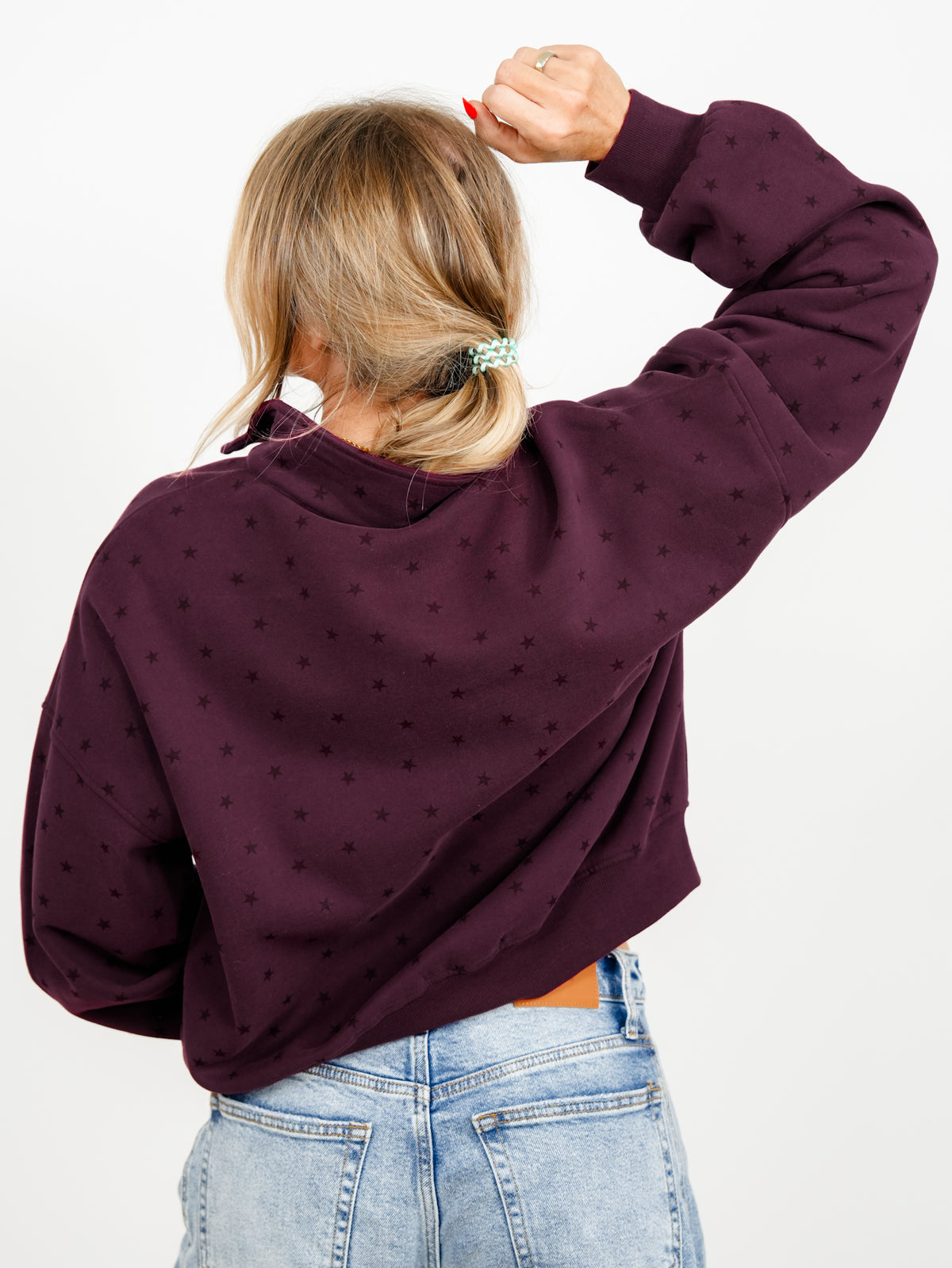 Star Print Half Zip Up Long Sleeve Sweatshirt - Freckled Poppy
