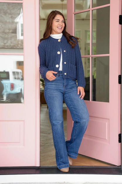 Chunky Knit Long Sleeve Cardigan with Metal Button Detail