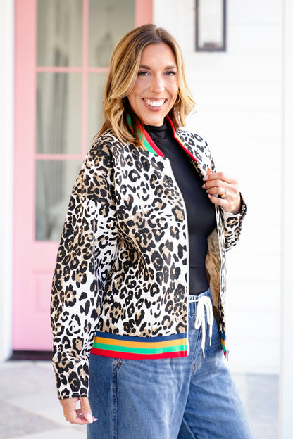 Leopard Print Long Sleeve Bomber Jacket with Rainbow Trim