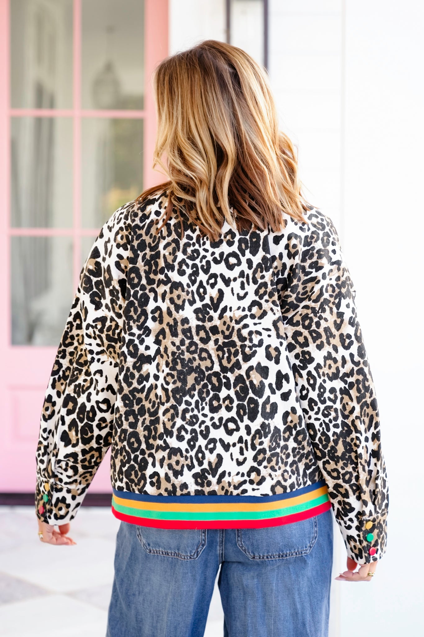 Leopard Print Long Sleeve Bomber Jacket with Rainbow Trim