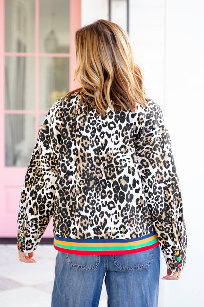 Leopard Print Long Sleeve Bomber Jacket with Rainbow Trim