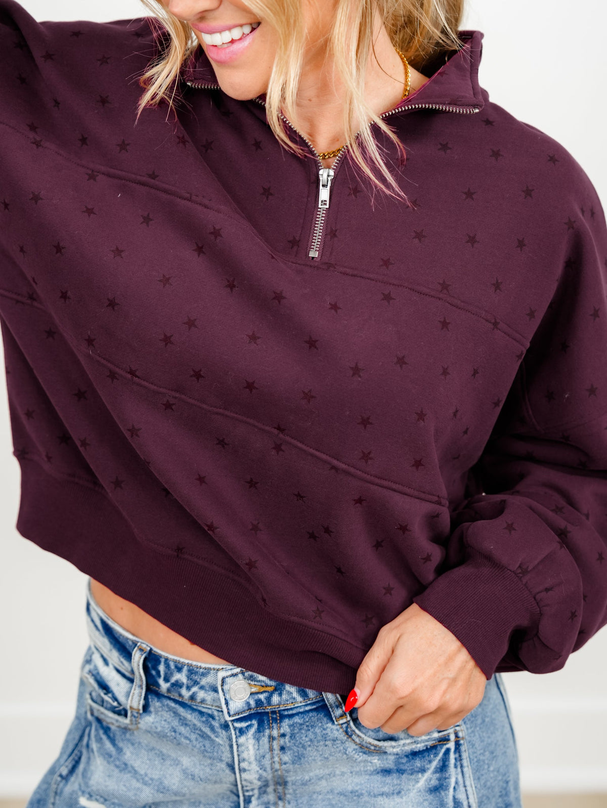 Star Print Half Zip Up Long Sleeve Sweatshirt - Freckled Poppy