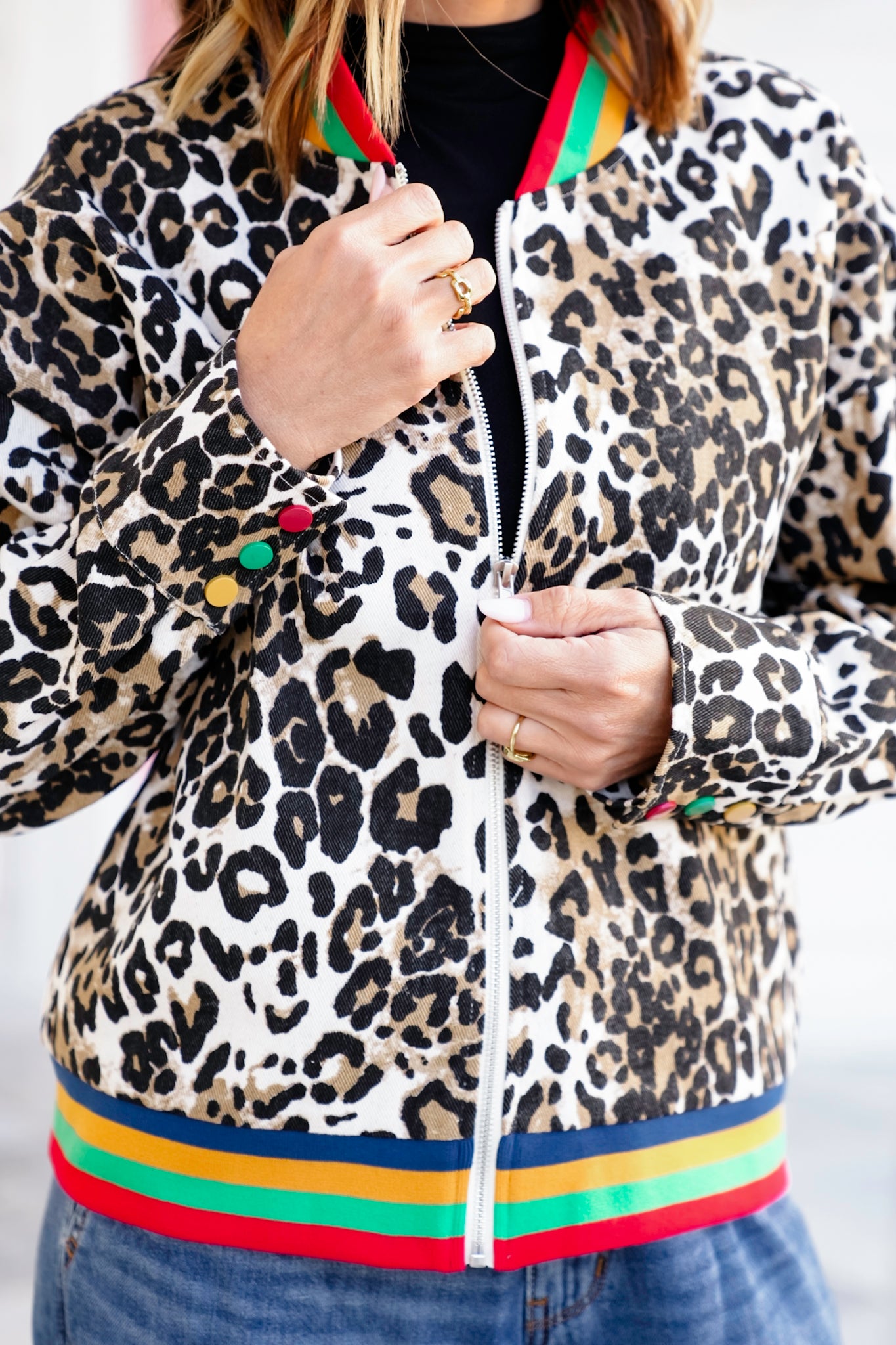 Leopard Print Long Sleeve Bomber Jacket with Rainbow Trim