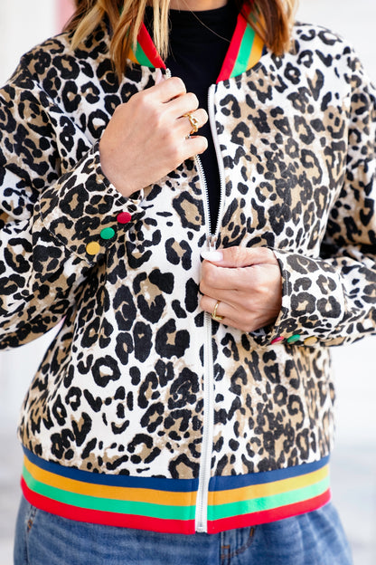 Leopard Print Long Sleeve Bomber Jacket with Rainbow Trim