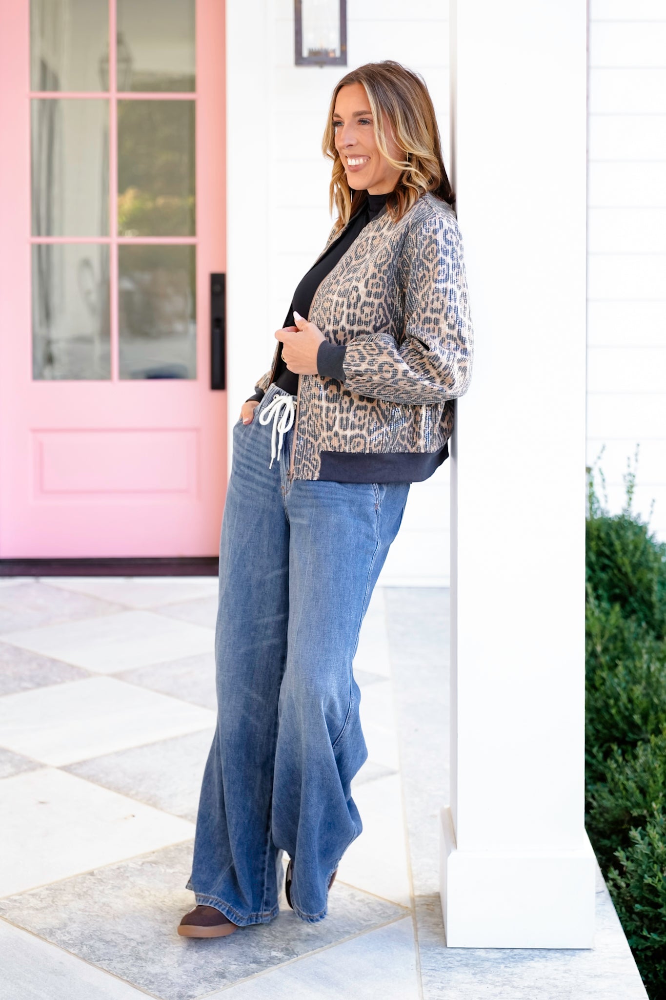 Sequin Leopard Long Sleeve Zip-Up Bomber Jacket