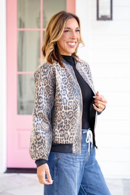 Sequin Leopard Long Sleeve Zip-Up Bomber Jacket